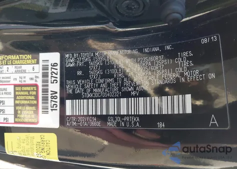 2013 Toyota Sienna Le V6 8 Passenger z USA, uszkodzony, nr VIN 5TDKK3DC7DS402321